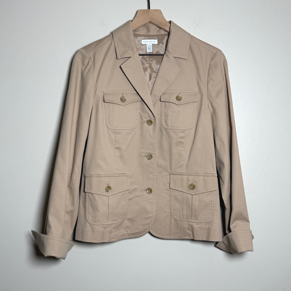 Charter Club Womens Khaki Beige Cotton Safari Utility‎ Blazer Jacket Size 10